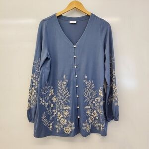 J Jill Floral Expression Long Sleeve Women’s  Blue Embroidered Button Sweater S